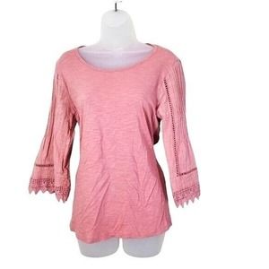 J. Jill Boho Lace‎ Trim Top Blouse Bell Sleeve Knit Casual Pink Womens Size S